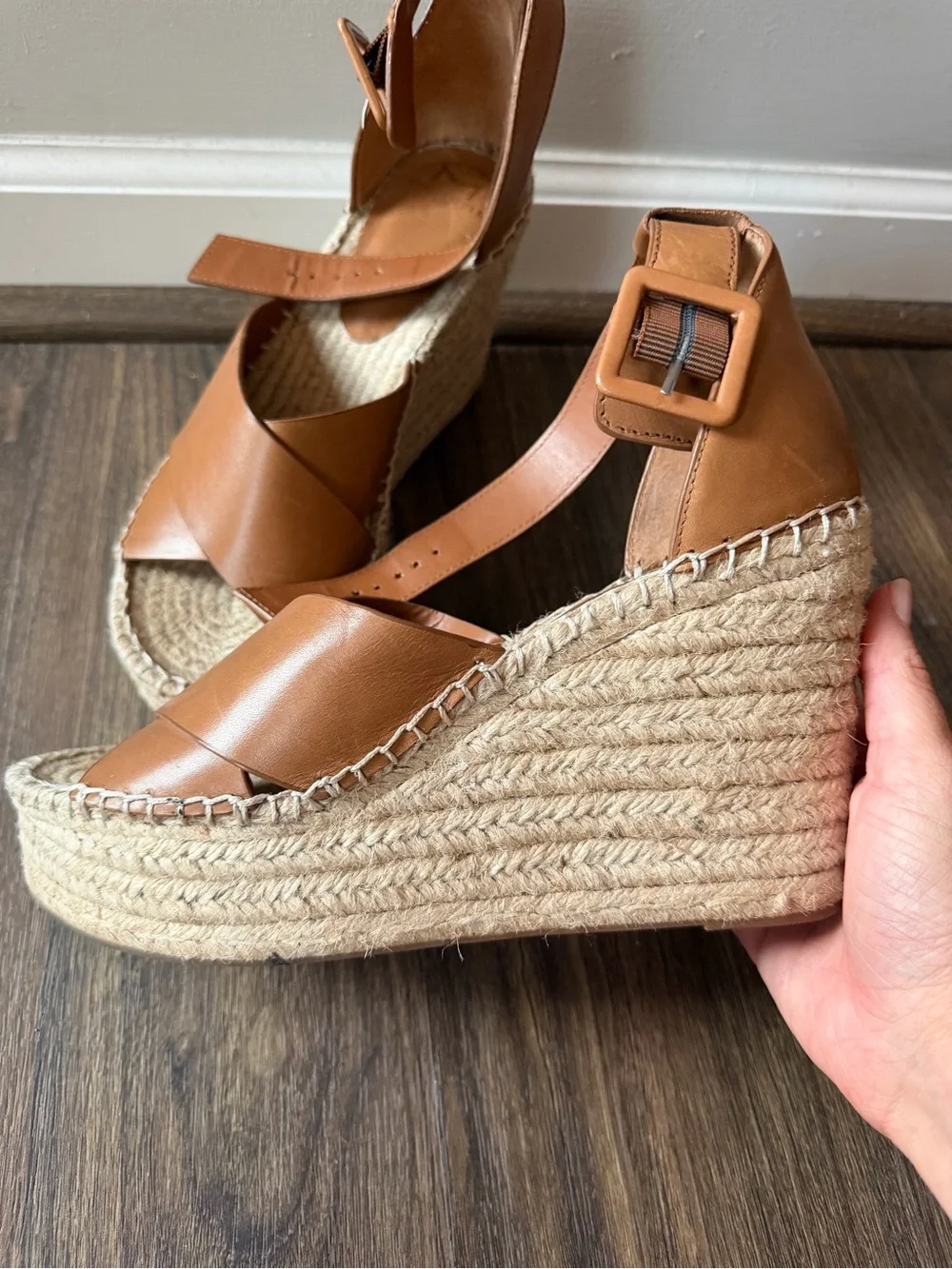 Marc Fisher Cognac Leather Espadrille Wedge Sandals